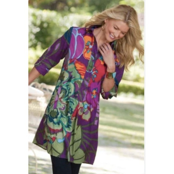 Soft Surroundings Shirt Women's PL Tunic Colorful Floral Cotton Art To Wear - Picture 2 of 13